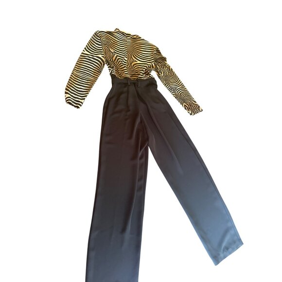 Cache Zebra Print Top & High-Waisted Black Wide-Leg Jumpsuit Size 12 Vintage 90s - Picture 4 of 4